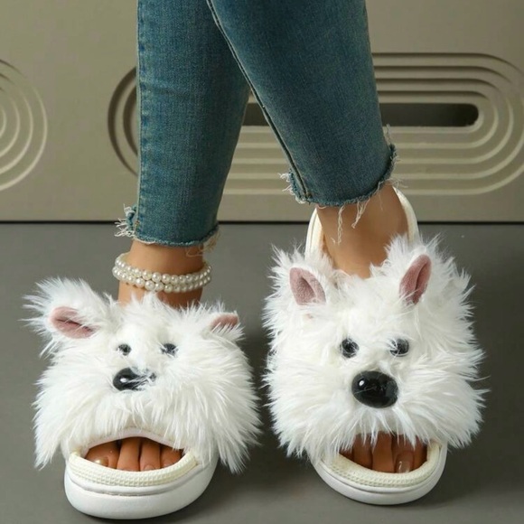 Dog Cloud Slides slippers puppy house shoes plush fur women’s teen’s 7 7.5 white - Picture 3 of 9